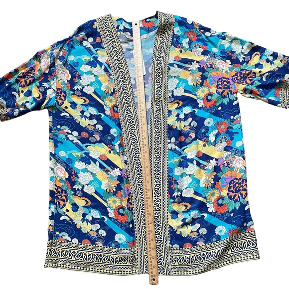 Soft Surroundings Cardigan Topper Women's L/XL Blue Yellow Floral Open Front - Picture 12 of 13